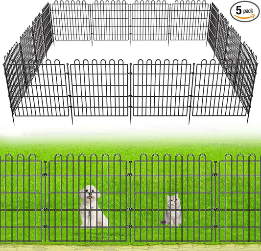 5 Panels No Dig Decorative Garden Fence for Yard, 24 in(H) X 10 ft(L) Animal Barrier Fencing for Outdoor Dog, Metal Portable Garden Fences for Borders, Pets, Landscape, Temporary Fence