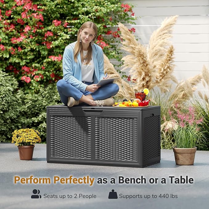 Moccha 100-Gallon Outdoor Storage Box - Waterproof Resin Deck Box with Lockable Lid & Wheels, Faux Rattan Outdoor Storage Bench for Pool Accessories, Garden Tool, Patio Furniture Cushion (Grey)