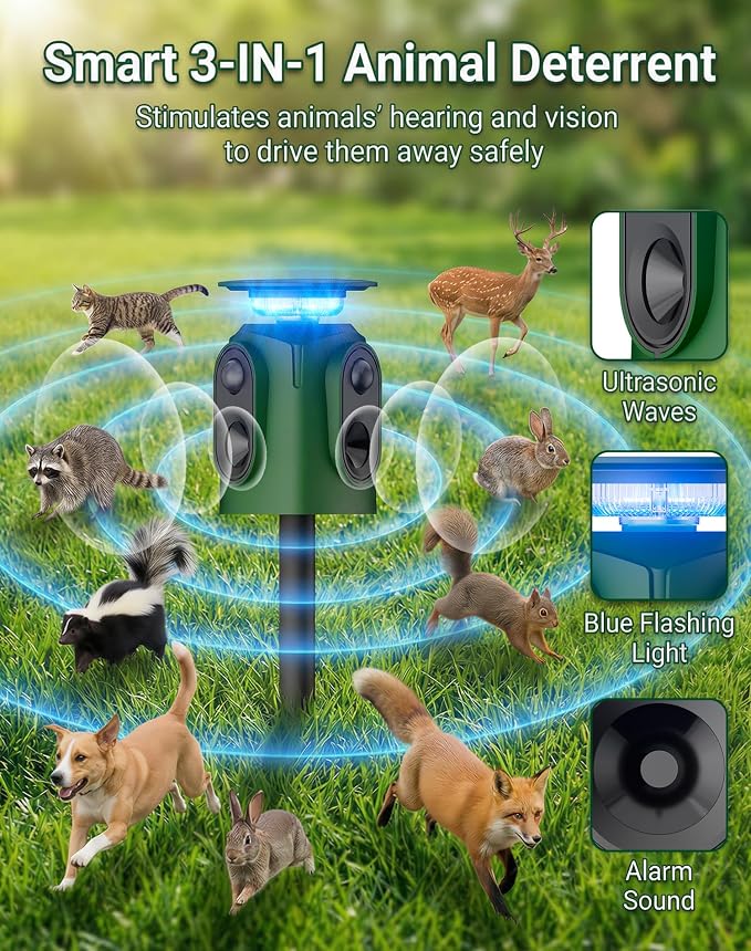 360° Solar Ultrasonic Animal Repeller Outdoor, Motion Activated Deer Repellent Devices with Flashing Lights, Waterproof Cat Repellent Outdoor for Yard, Repel Dog, Raccoon, Coyote, Skunk & More