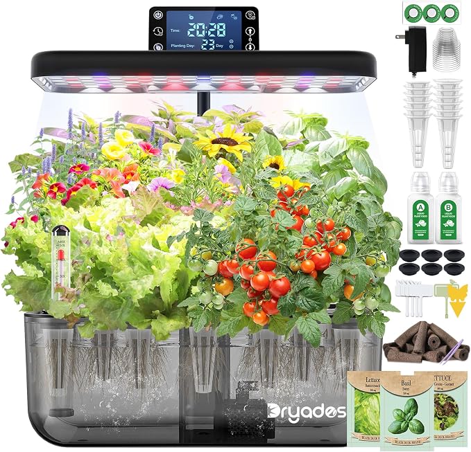 12 Pod Hydroponic Indoor Garden Kit Black with LED Grow Light, Herb Growing System with Seed Starter Kit, Compact Countertop Planter