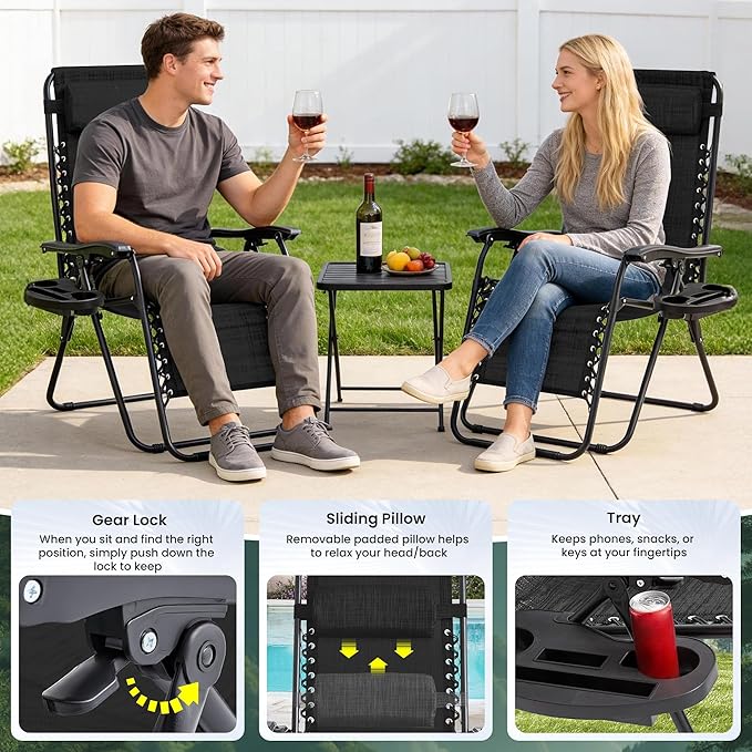 Zero Gravity Chair Set of 2 Oversized Folding Recliner, Padded Anti Gravity Lounge Chair with Adjustable Pillow & Cup Holder for Outdoor Camping, Patio, Poolside, Lawn (Black)