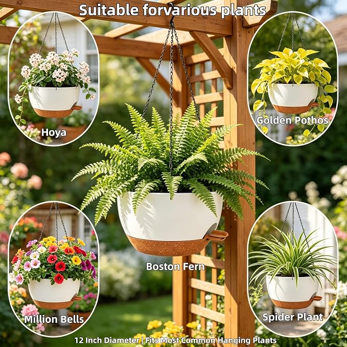 12" Self Watering Hanging Planters with Chains, White Brown, 2 Pack | 43 Oz removable self-watering reservoir, for indoor/outdoor plants, patio & garden