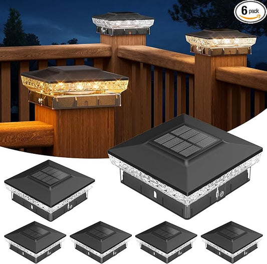 APONUO Solar Post Cap Lights for 4x4 Wood &Vinyl Posts, 3 Light Modes & 800mAh Battery, IP65 Waterproof Rugged Unibody, Solar Outdoor Lights for Fence, Deck & Patio (Black, 6 Pack)