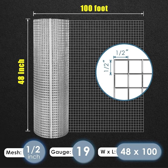 GoldPeak Hardware Cloth 1/2 inch 48 x 100 Ft 19-Gauge, Hot-dip Galvanized After Welding, Wire Mesh Roll Chicken Wire Fencing Wire Cloth Gopher Wire Chicken Coop Wire Tree Fence