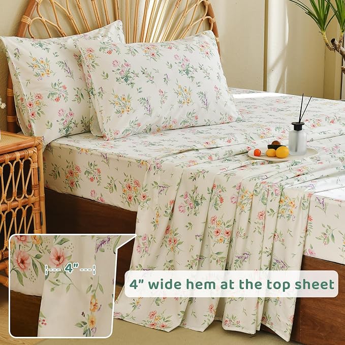 QSH Green Floral Sheets Queen Size,Yellow Flowers Botanical Pattern Printed Bedding Sheets 100% Egyptian Cotton Sheet Queen Size Set Extra Soft and Breathable 17.5" Deep Pockets Bed Sheet 4pcs
