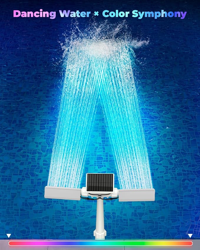 Solar Pool Fountain with 10-Color 4-Mode RGB LED Lights, Above/Inground Solar Lights with Remote, 360°Adjustable Dual Spray Waterfall Sprinkler Fountain for Relaxation & Cooling 10-20°F