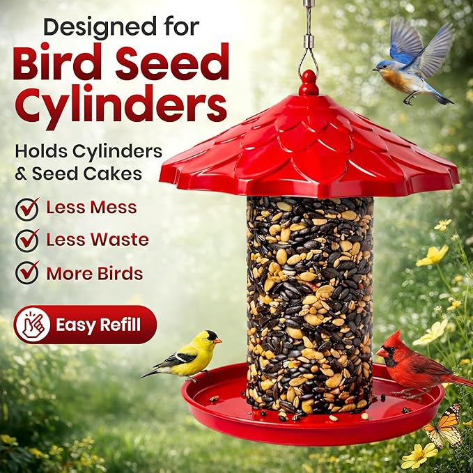 Cylinder Bird Feeder Holder - Feeders for Outdoors Hanging - Holds Bird Seed Cylinders with Hole, Logs, & Birdseed Cakes up to 6" Diameter - Cylinder Sold Separately