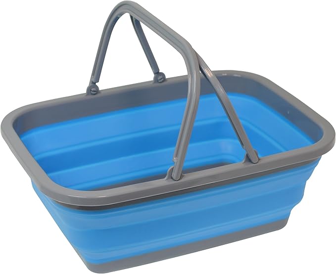 Collapsible Shopping Basket Tote – Silicone Market Basket with Handles, Portable and Foldable, Blue