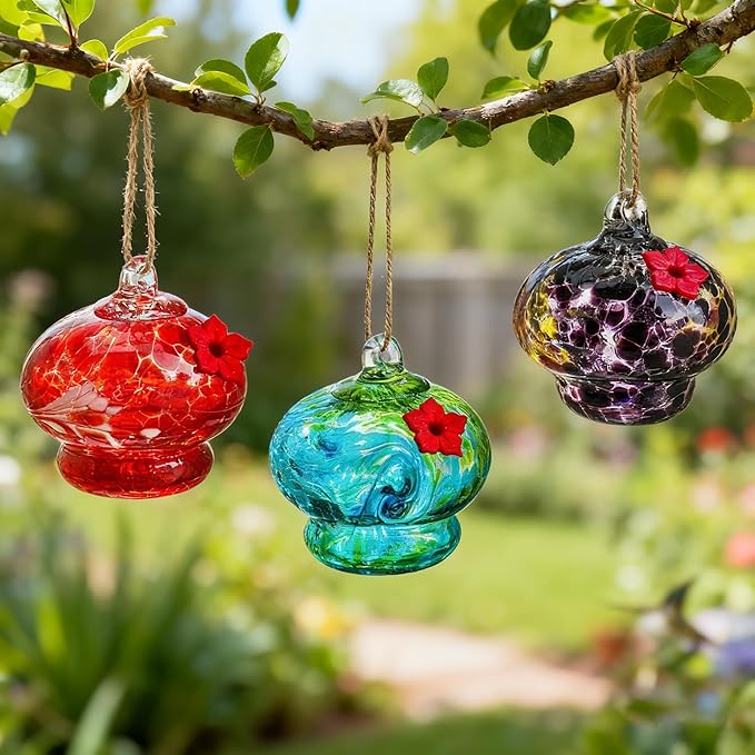 3 Pack Glass Hummingbird Feeders for Outdoors 3in Small Hand Blown Glass Bird Feeder with Flower Feeding Ports for Backyard Garden Decorations Birthday