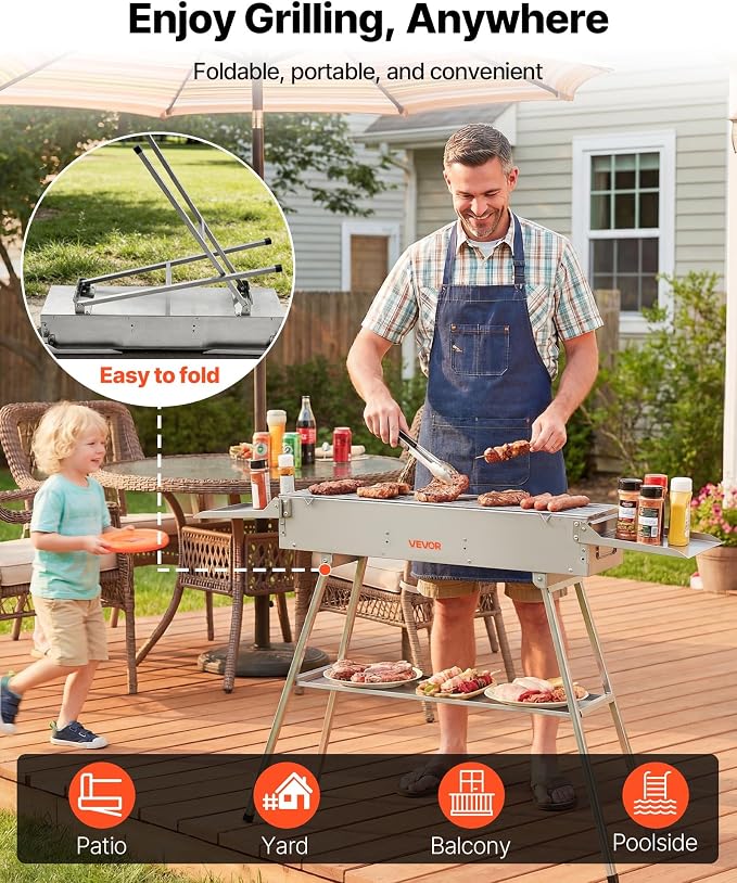 VEVOR Foldable Charcoal Grill, 250 sq.in. Portable Charcoal Barbecue Grill with Liftable Charcoal Tray & Side Tables, Brushed Stainless Steel BBQ Cooking Grills for Outdoor Camping Backyard Parties