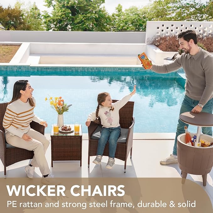 Devoko Patio Porch Furniture Sets 3 Pieces PE Rattan Wicker Chairs with Table Outdoor Garden Furniture Sets (Brown/Grey)