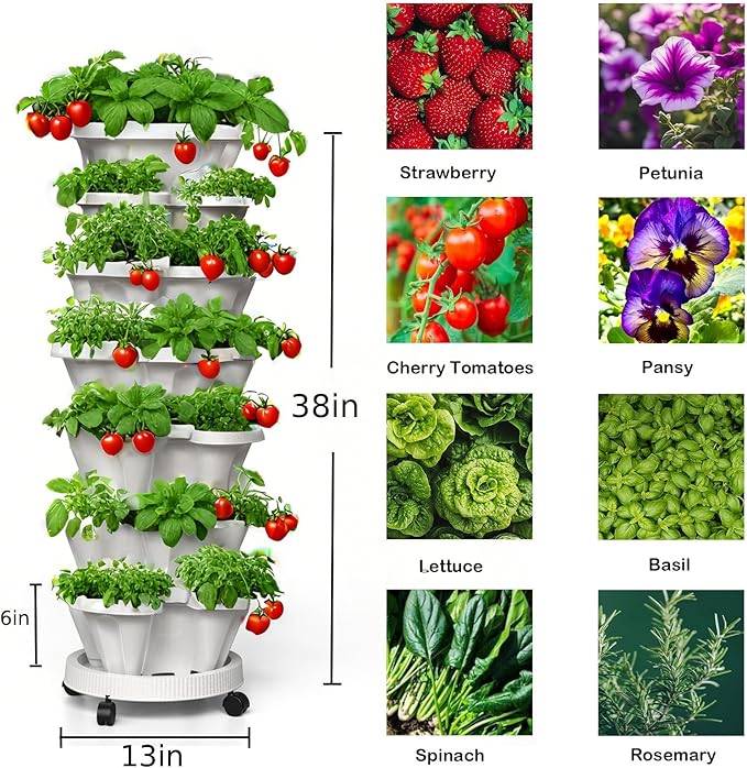 7 Tiered Strawberry Planters 2 Pack, Vertical Stackable Planter, Herb Stacking Tower Garden, Flower and Vegetable Planters with Support Pole Indoor & Outdoor with Removable Wheels Dark Grey