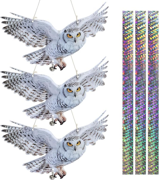 Hanging Owl Device for Outdoor Garden, 3 PCS Flat Reflective Owl with Tape and Bell to Keep Woodpecker Pigeon Away from Patio Yard Balcony Window, Weatherproof Animal Scare Decor