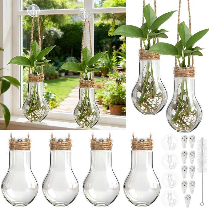 Baderke 9 Sets Window Propagation Stations 3.9 Inch Plastic Hanging Plant Propagation Vases with Hooks & Cleaning Brush Clear Tubes for Plant Clippings, Home Office Decor, Gardening Gifts for Women