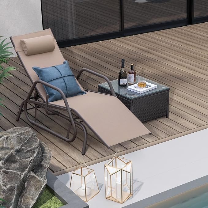 Tangkula Outdoor Glider Recliner Chair, Adjustable Backrest Patio Gliding Lounger with Armrests and Pillow, Outdoor Swinging Rocking Chair w/Breathable Fabric for Poolside, Backyard (1, Brown)