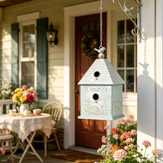 Distressed White Hanging Birdhouse with Home Emblem, Rustic Farmhouse Decorative Bird Nest Box for Outdoor Garden, Patio, Yard, Weathered Bird Shelter for Small Birds (Blue)