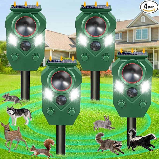Ultrasonic Animal Repeller Outdoor,Cat Repellent & Deterrent with PIR Sensor & Flashing Light,Solar Powered Deer Repellent Device for Squirrels,Raccoons,Skunks,Rabbits,and Dog,IP65 Waterproof - 4 Pack