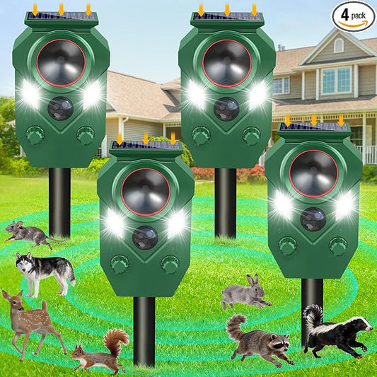 Ultrasonic Animal Repeller Outdoor,Cat Repellent & Deterrent with PIR Sensor & Flashing Light,Solar Powered Deer Repellent Device for Squirrels,Raccoons,Skunks,Rabbits,and Dog,IP65 Waterproof - 4 Pack