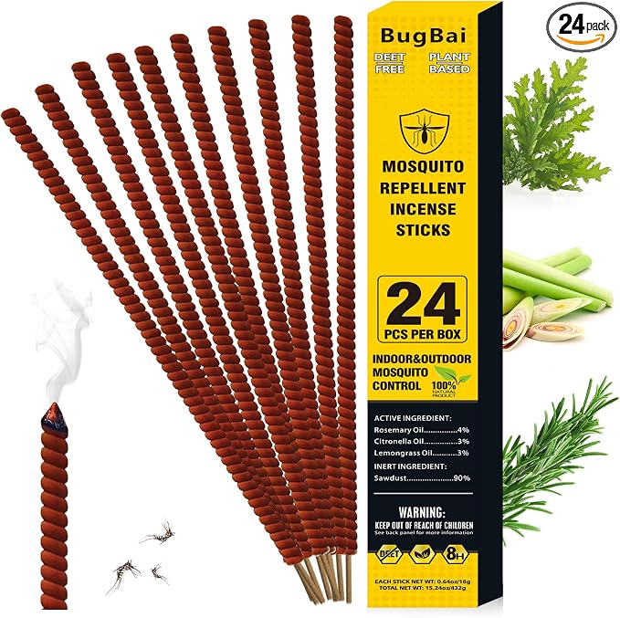 BugBai® Mosquito Repellent Outdoor Patio 24PCS, Extra Large Natural Citronella Incense Sticks for 8-Hour Protection, DEET-Free Mosquito Barrier Control for Indoor Backyard Travel Camping Fishing