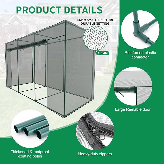 SUNYRISY Garden Plant Netting Crop Cage for Garden Raised Bed, 9.8 x 3.3 x 6 Ft Plant Cover Cage Protectors from Animal for Outdoor Plants with Frame and Zippered Door