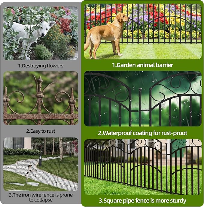 KYATE 8 Panels No Dig Decorative Outdoor Garden Fences for Garden Yard Backyard Patio, 32in(H)×18Ft(L) Metal Rustproof Thickened Pipe Heavy Duty Fence, Landscape Border Animal Barrier