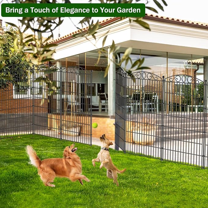 5 Panel No Dig Decorative Garden Fence with Gate - 48in H x 11.4 ft L, Tall Animal Barrier for Dogs Rabbits, Rustproof Metal Wire Panels for Yard, Patio, and Outdoor Border Use