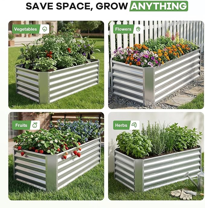 Galvanized Raised Garden Bed Kits, 2 Pack Metal Planter Box Outdoor, 4x2x1.4ft Rectangular Steel Planter Bed for Vegetables, Fruits, Flowers, Herbs(Silver)