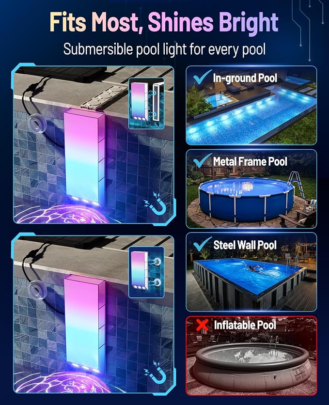 Solar Pool Lights for Inground & Above Ground Pools, 38 LED Magnetic Underwater Submersible Lights with Remote & Timer, IP68 Waterproof Solar Powered Pool Light, 30+ Color Modes