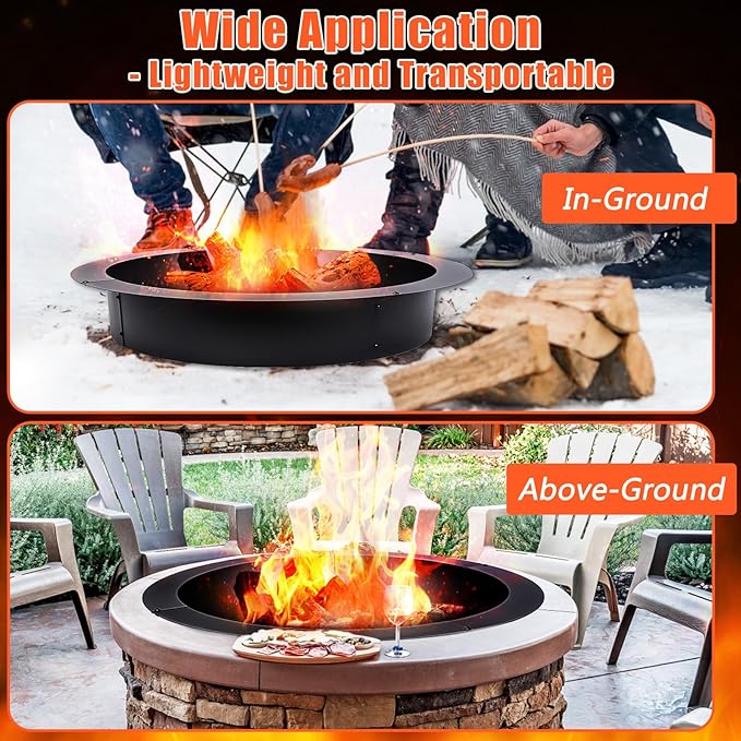 Smokeless Fire Pit Ring 42-Inch Outer/36-Inch Inner Diameter for Outside Fire Pit, Heavy Duty Steel Insert, DIY Ring Insert Accessories, Easy Setup Above or In-Ground for Backyard, Camping, Black