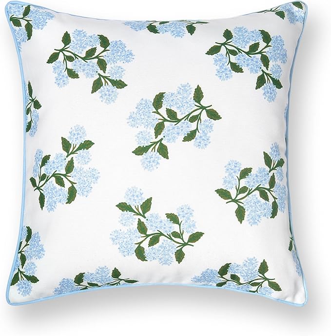Hofdeco Premium Coastal Patio Indoor Outdoor Throw Pillow Cover Only, 20"x20" Water Repellent for Backyard, Couch, Baby Blue Print Hydrangea Flower