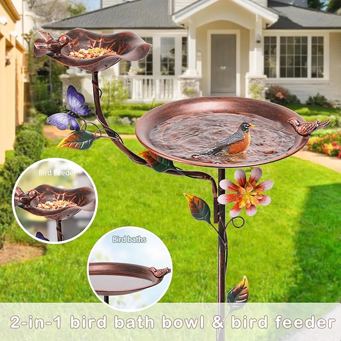 MUMTOP Bird Baths and Feeder for Outdoors, 55 inch Height Metal Birdbath Antique Garden Bird Feeder with Metal Stake for Garden Outside Yard Lawn Decorations, Copper