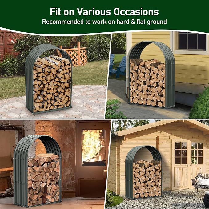 ANLEOLIFE Galvanized Steel Firewood Rack with Weatherproof Corrugated Roof (Shed-Style Log Storage), Heavy Duty Outdoor Log Holder, Rust Resistant, Arch Gray, 18"D x 36"W x 54"H