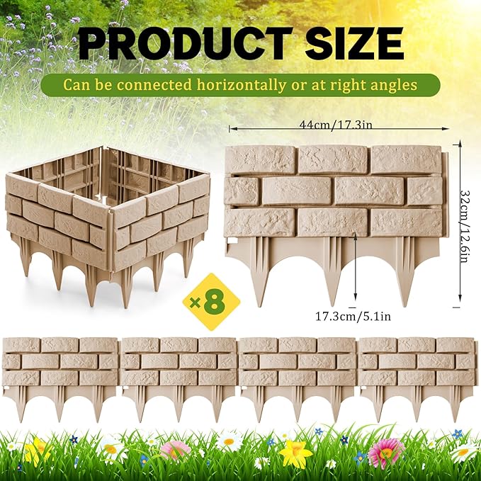 Landical 8 Pcs Imitation Stone Garden Fence, Faux Stone Retaining Wall Look Garden Bricks Border with Ground Stakes, 17.3 x 12.6 in Gray Plastic Edging Blocks for Flower Beds, Lawn, Mulch (Yellow)