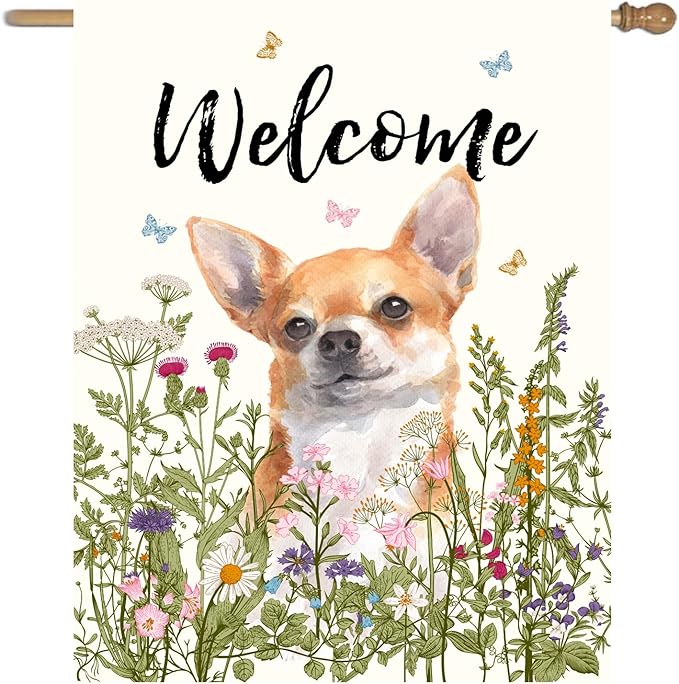 Floral Chihuahua Garden Flag Spring Summer House Flags 28 x 40 Double Sided Flower Dog Yard Flags for Outside Large Outdoor Welcome Flags