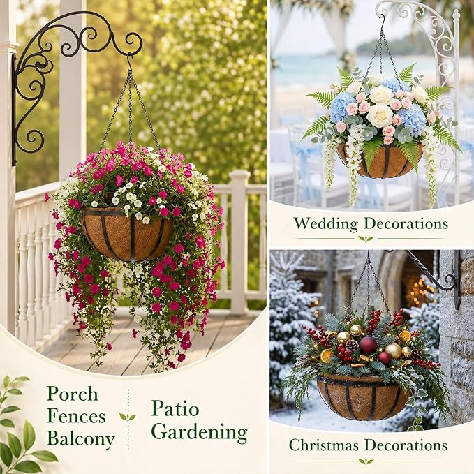 Didaey 8 Pcs Metal Hanging Basket with Coconut Coir Liner Hanging Flower Basket with Chain Indoor Outdoor Plant Flower Pot 14 Inch Round Wire Plant Holder for Garden, Patio, Deck, Porch Garden Decor