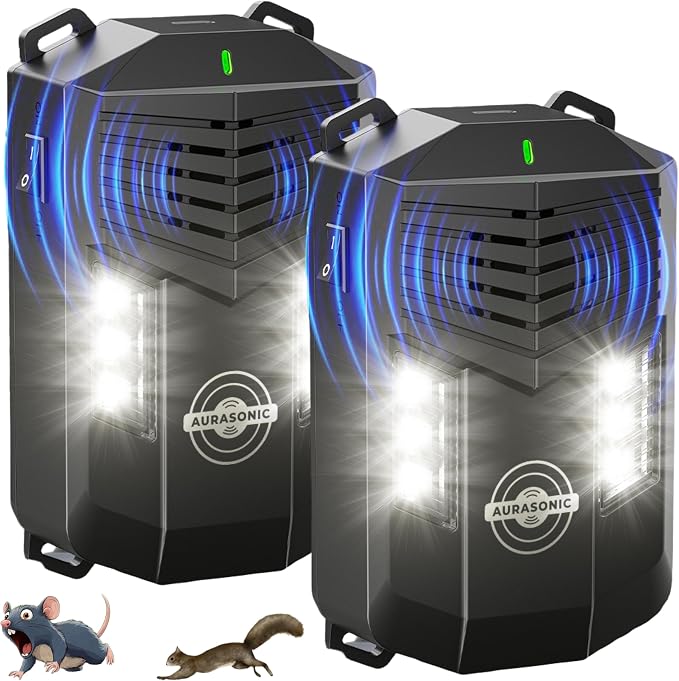 Aurasonic 2026 Upgraded Ultrasonic Rodent Pest Repellent for Car Engine - Under Hood Mouse Repeller Traps Double Flash Light Keeps Rats & Mice Away from Vehicle Automobile Truck Garage Attic - 2 Pack