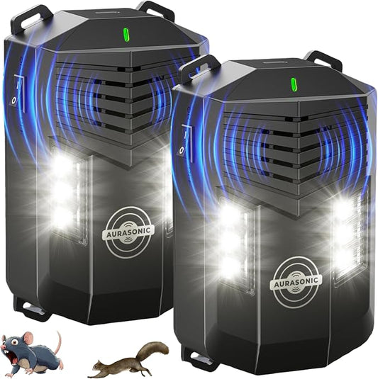 Aurasonic 2026 Upgraded Ultrasonic Rodent Pest Repellent for Car Engine - Under Hood Mouse Repeller Traps Double Flash Light Keeps Rats & Mice Away from Vehicle Automobile Truck Garage Attic - 2 Pack