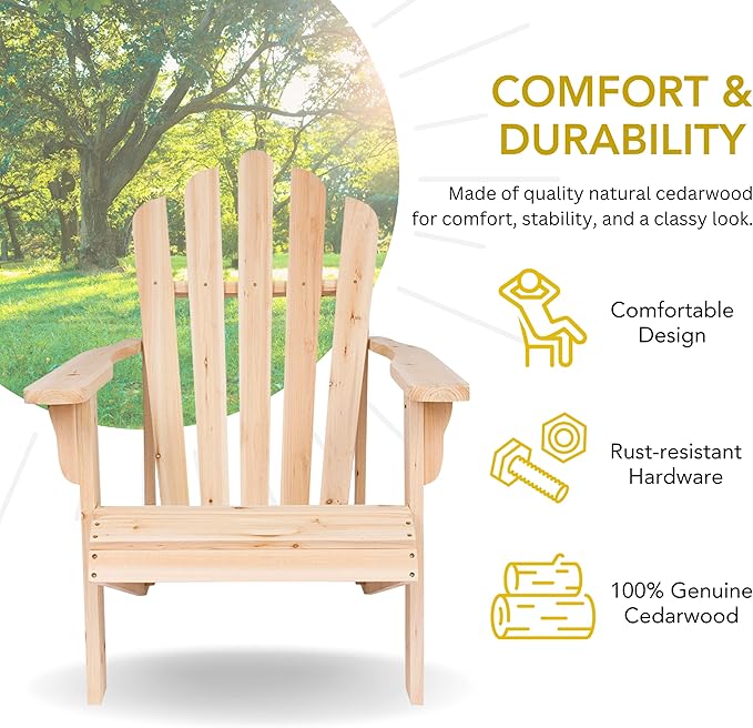 Shine Company Westport Wooden Adirondack Chair, Outdoor Patio Firepit Chairs, Back & Seat Pre-Assembled, Natural