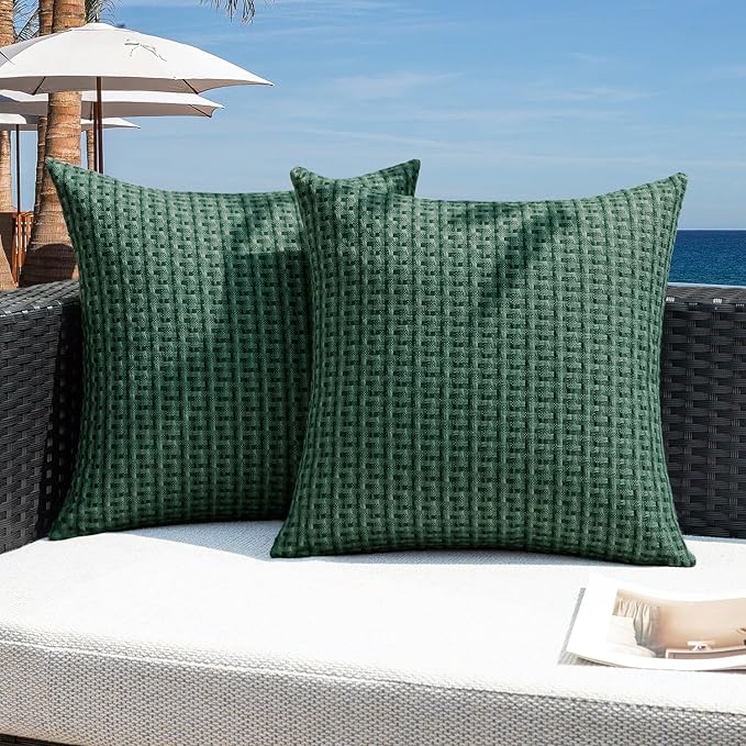 Kevin Textile Outdoor Waterproof Throw Pillow Covers Pack of 2 Farmhouse Decorative Cushion Covers for Garden Patio Tent Balcony Bench Couch Sofa 18x18 Inch, Dark Green