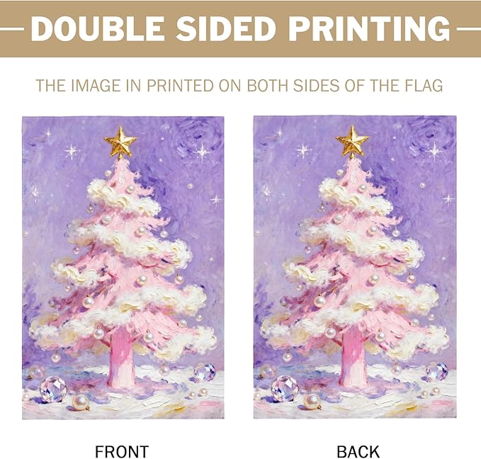 Christmas Garden Flag 12x18 Inch Purple Pink Xmas Tree Pearl Winter Holiday Decorative Yard Flags for Outside Double Sided Seasonal Outdoor Home Farmhouse Decoration Porch New Year Decor