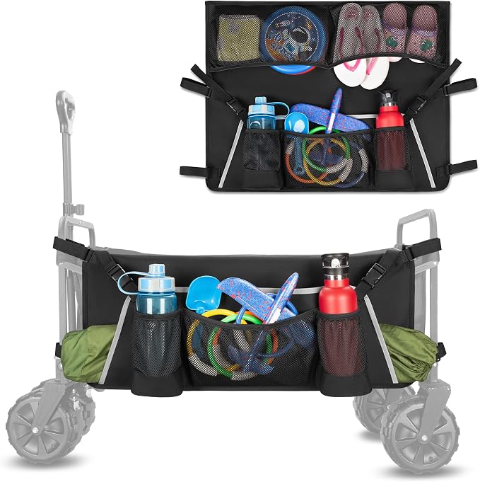 Collapsible Wagon Side Pocket with Reflective Strip, Folding Wagon Cart Storage Bag with Mesh Pouch for Umbrella, Foldable Accessories Bag for Outdoor, Camping, Black, Bag Only, Not Including Wagon