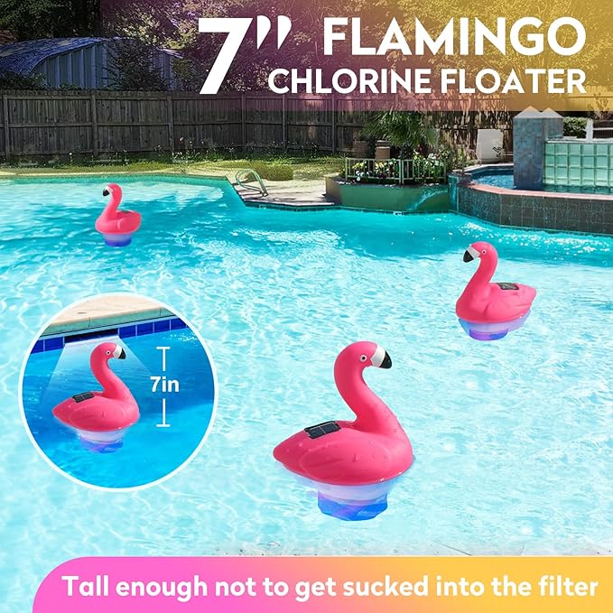 Pool Chlorine Floater, 9 in Flamingo Chlorine Floater with Light, Solar Chlorine Floater w/Adjustable Flow, Large Size Chlorine Tablet Floater, Floating Chlorine Dispenser for Pool Hot Tub