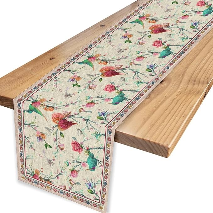 Floral Birds Table Runner, Rustic Watercolor Chinese Flower Blossom Plant Pink Boho Spring Coffee Table Center Decor for Family Kitchen and Dining Farmhouse Party Table Decorations, 13"x72"