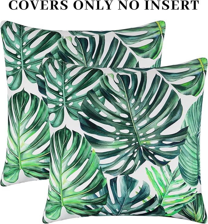 Adabana Spring Outdoor Waterproof Tropical Leaf Pillow Covers Set of 2 Monstera Green Plant Cushion Cases 18x18 Inch Waterproof Decorative Pillows for Patio Garden Couch Beach,Green