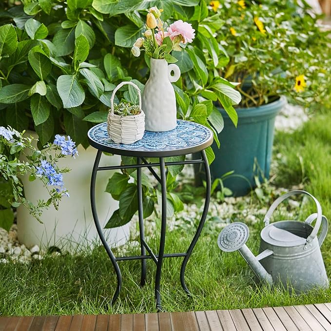 VONLUCE Mosaic Side Table and Plant Stand, 21" Round End Table with 14" Ceramic Tile Top, Indoor & Outdoor Accent Table, Porch Patio Furniture, Entryway & Coffee Table for Home & Garden, Blue Mandala