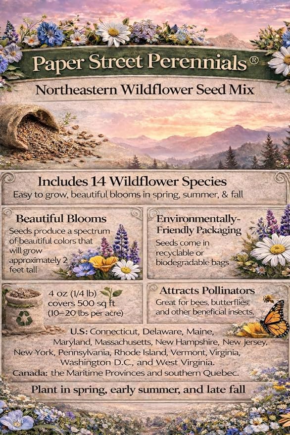 Virginia Bulk Perennial Wildflower Seed Mix 1lb Covers 2,000sq-ft - Attract Pollinators, Multi-Color Blooms - Northeast US Species Plant in Spring/Fall - Earth-Friendly Packaging (1/4 Pound)