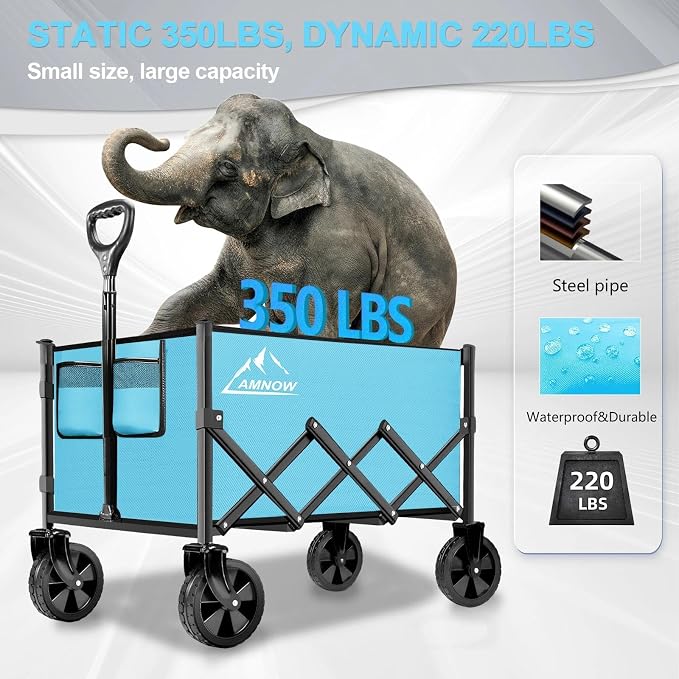 Collapsible Folding Wagon Cart, 350LBS Utility Large Capacity Cart Foldable Wagon with All Terrain Wheels, Grocery Wagons Carts for Garden Shopping Sports Camping, Light Blue
