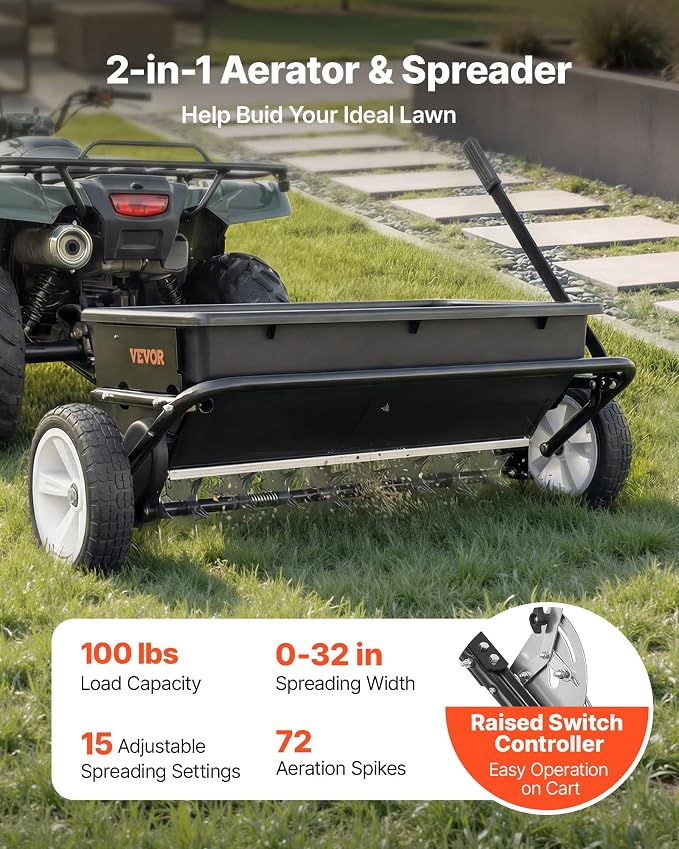 VEVOR Tow Behind Lawn Spreader with Aeration Spikes, 32 in Spreading Width, Broadcast Spreader with Universal Hitch, Garden Seeder & Soil Aerator with 100lbs Capacity & 10 in Tires for ATVs UTVs