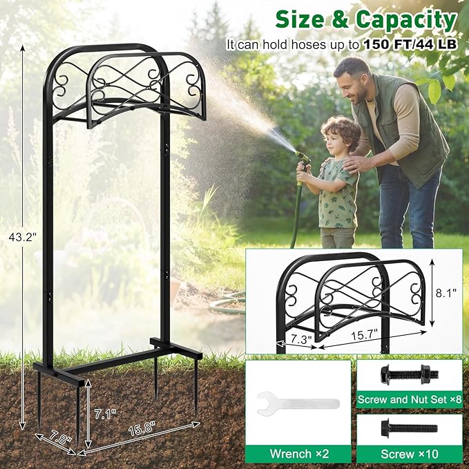 Gtongoko Garden Hose Holder for Outside 43 In With Upgrade 4 Prongs Base Detachable Metal Water Hose Holder Freestanding Heavy Duty Organizer Holds 150FT Stand Hanger for Outdoor Yard Black