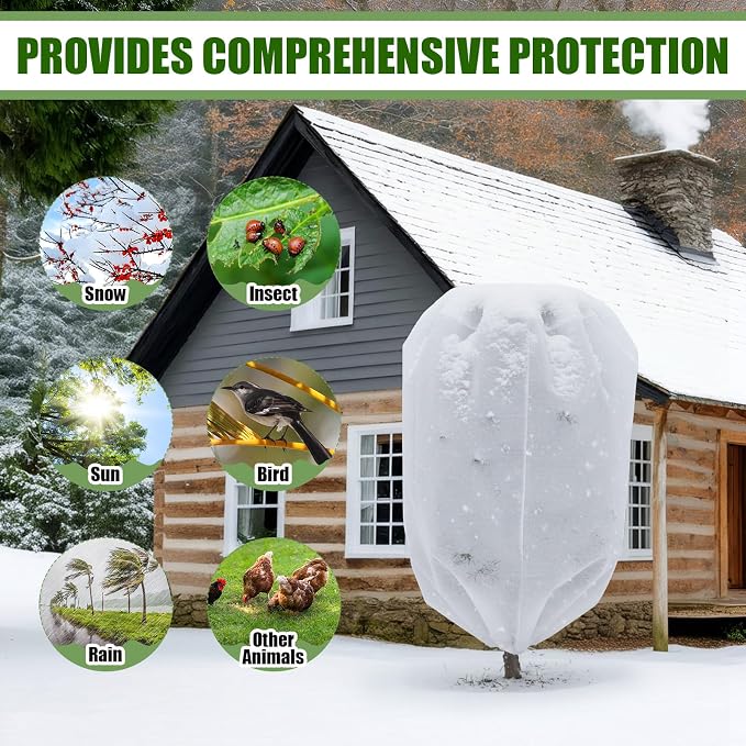 SATINIOR 16 Pcs 47 x 71 Inch Plant Covers Freeze Protection, Reusable Plant Protector Frost Cloth Warm Blankets, Winter Bush Tree Cover with Drawstring Outdoor (White)